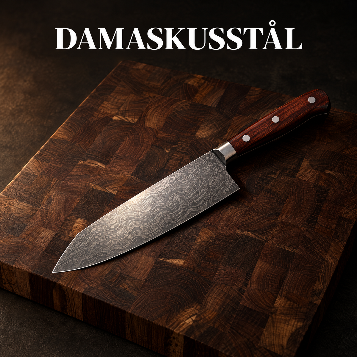 Santokukniv i damaskusstål med handtag i rött sandelträ