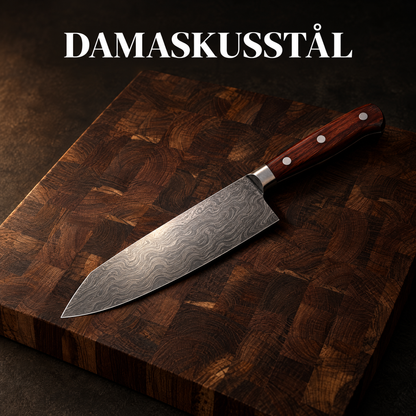 Santokukniv i damaskusstål med handtag i rött sandelträ